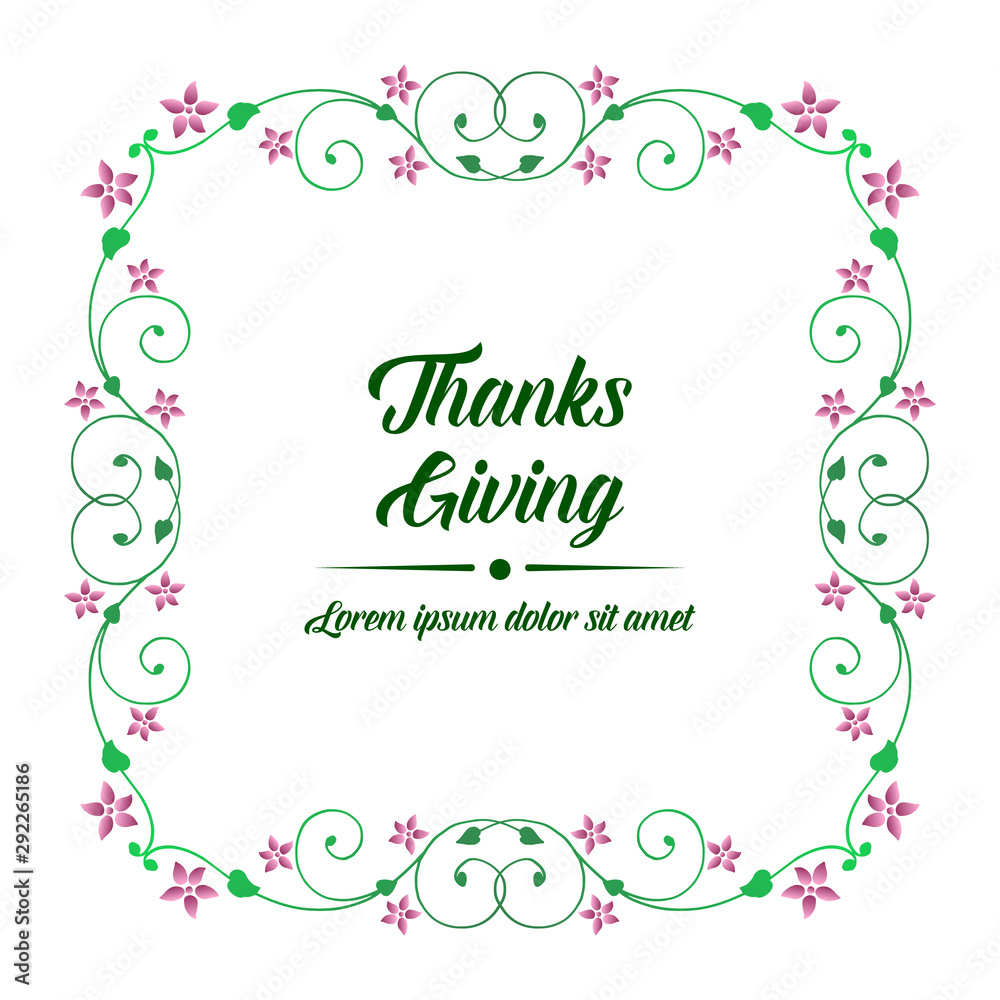 Shape unique frame with drawing of purple flower and green leaves, perfect for card thanksgiving. Vector