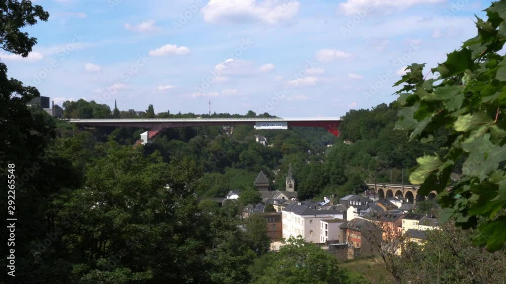 Famous red bridge from Luxembourg city with zoom in movement. Famous red bridge from Luxembourg city with zoom in movement.