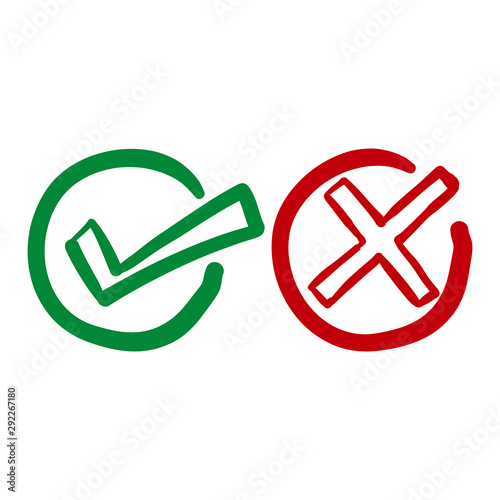 Set check mark and cross in circle handdrawn doodle style