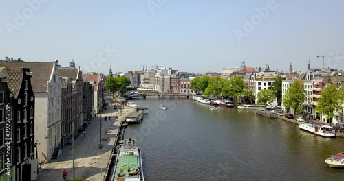 Series of 4k, high resolution, Drone Aerial footage over Amsterdam. Canals, boats, bikes, streets, cars, clocktowers, munttoren, sunny day. Flat pass gradable high bitrate. photo