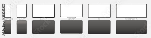 Set Mock-up of realistic devices. Smartphone, tablet, laptop, monitor and TV. Front side with screen and back side isolated on white background. Flat vector illustration EPS 10