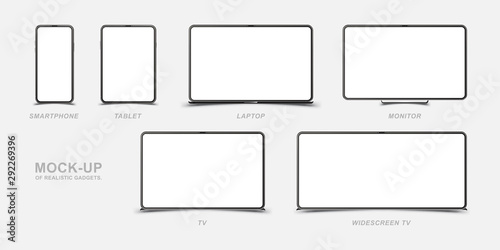 Set Mock-up of realistic devices. Smartphone, tablet, laptop, monitor and TV. Front side with screen isolated on white background. Flat vector illustration EPS 10