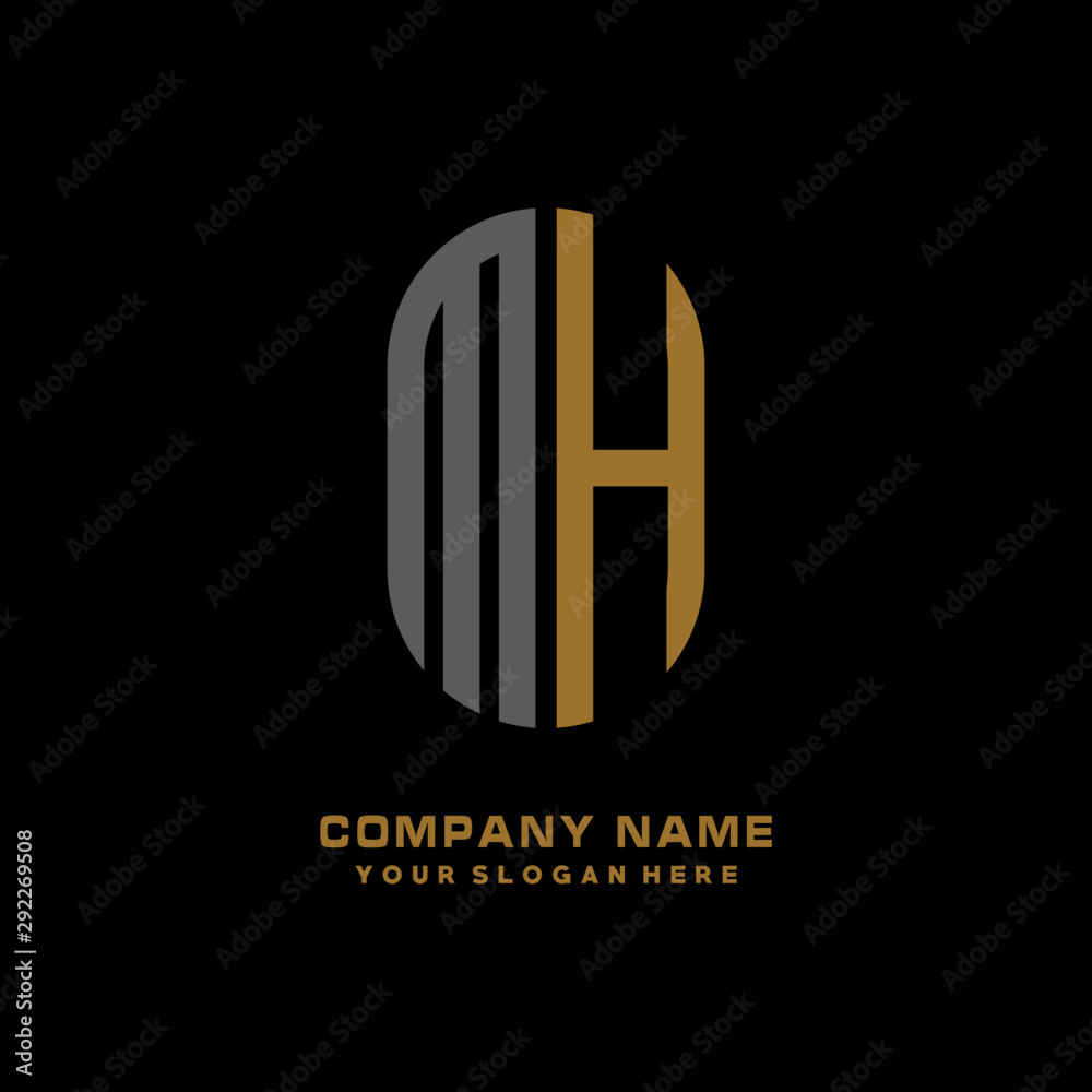 MH minimalist letters, with black and gold, white, black background logos