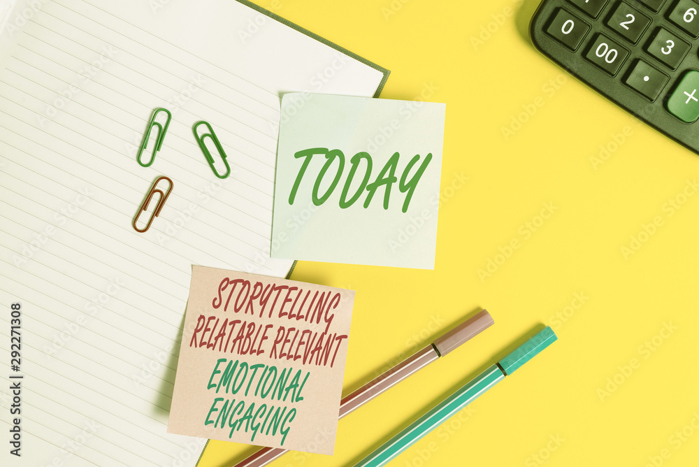 Text sign showing Story Telling relatablerele. Business photo showcasing Storytelling Relatable Relevant Emotional Engaging Empty blue paper with copy space paper clips and pencils on the yellow table