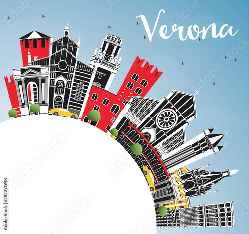 Verona Italy City Skyline with Color Buildings, Blue Sky and Copy Space.