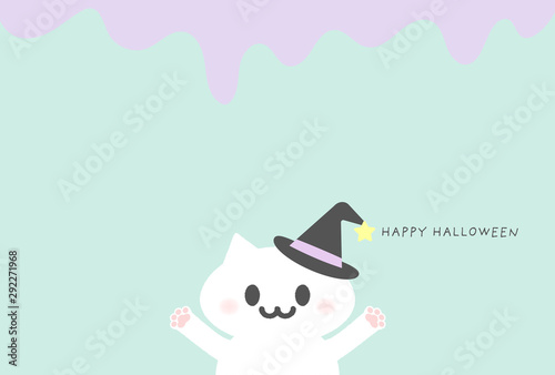 ハロウィーン・猫・子ども・メッセージイメージ素材：仮装した猫がかわいいシンプルなハロウィーンイラスト （水色背景）