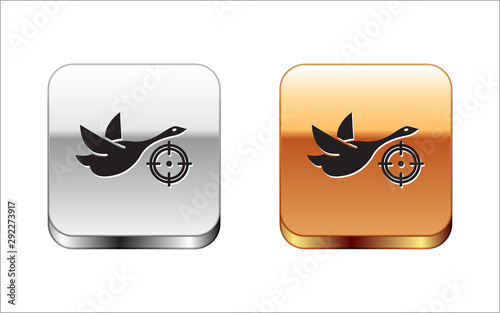 Black Hunt on duck with crosshairs icon isolated on white background. Hunting club logo with duck and target. Rifle lens aiming a duck. Silver-gold square button. Vector Illustration