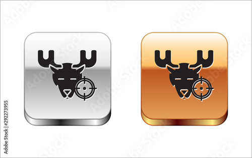 Black Hunt on moose with crosshairs icon isolated on white background. Hunting club logo with moose and target. Rifle lens aiming a moose. Silver-gold square button. Vector Illustration