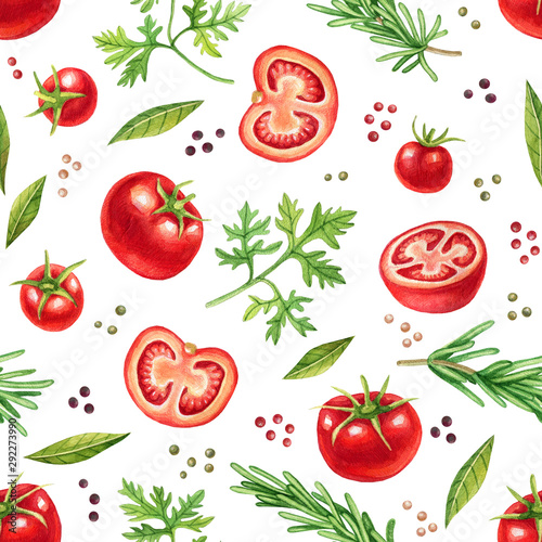 Watercolor vegetables seamless pattern with tomatoes and herbs