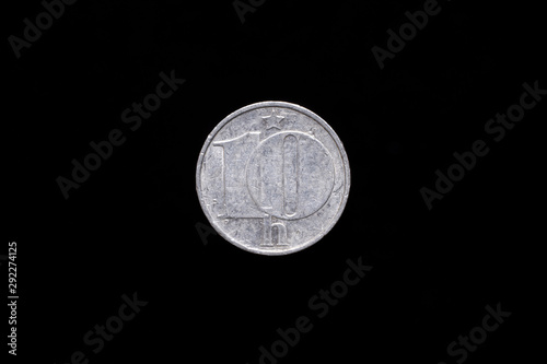 Czechoslovak Socialist Republic old 10 haleru, 10h coin from 1975, reverse. Isolated on black background