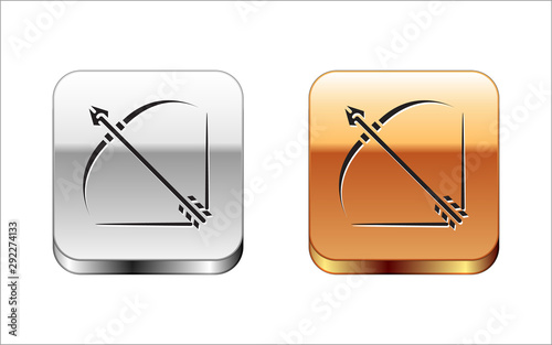 Black Bow and arrow in quiver icon isolated on white background. Silver-gold square button. Vector Illustration