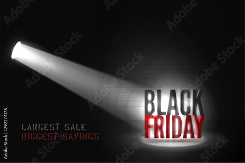 Largest sale vector banner template. Realistic limelight illuminating 3d Black Friday inscription in darkness. Mega price reduction, stencil font discount offer advertising poster design layout