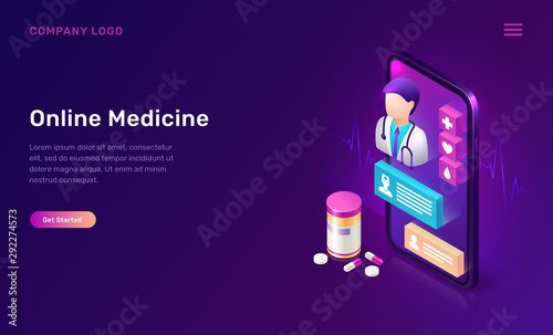 Online medicine isometric concept vector illustration. Distance or telemedicine app for mobile phones. Smartphone screen with doctor figure, chat messages and pills and tablets on purple background