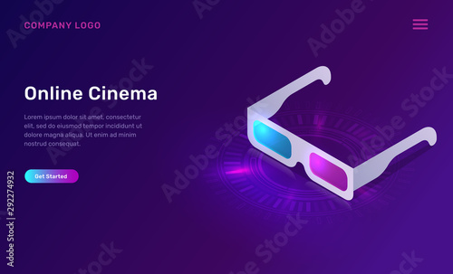 Online cinema or movie, isometric concept vector illustration. 3D glasses icon isolated on ultraviolet background. Home cinema website landing page