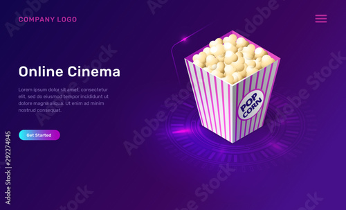 Online cinema or movie, isometric concept vector illustration. 3D popcorn bucket icon isolated on ultraviolet background. Home cinema website landing page