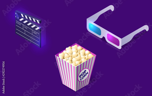Cinema or movie icons isometric concept vector illustration