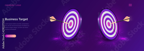 Business target isometric concept vector illustration. Two round dart board with arrow flying to bullseye. Symbolic goals achievement, success and competitors victory on ultraviolet webpage background