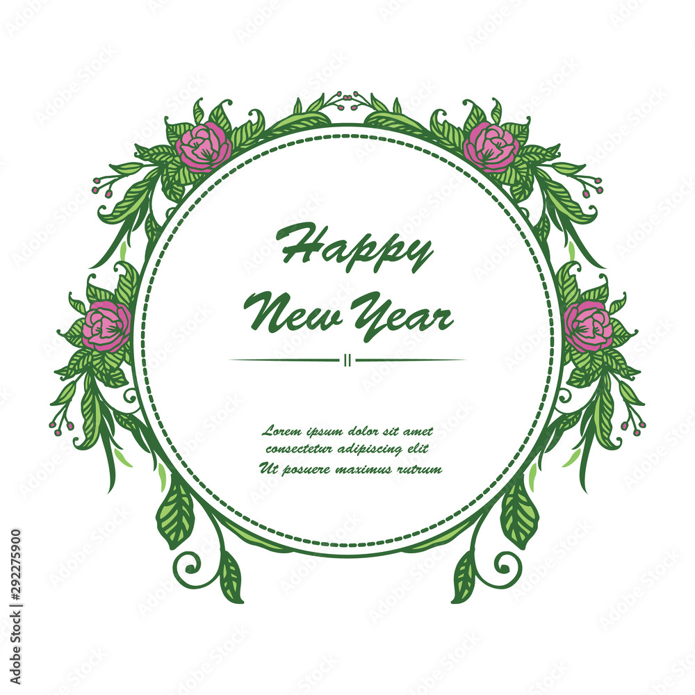 Handwritten card happy new year, with vintage abstract rose wreath frame. Vector