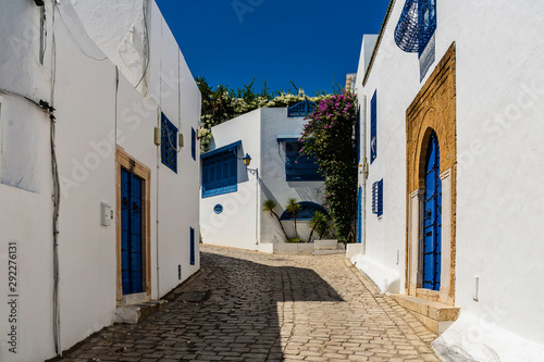 narrow streets of the city in the Andalusian style in white-blue colors