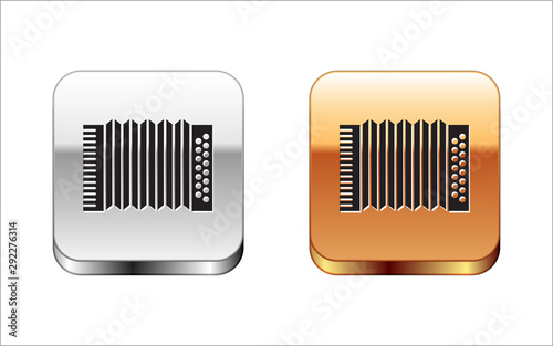 Black Musical instrument accordion icon isolated on white background. Classical bayan, harmonic. Silver-gold square button. Vector Illustration