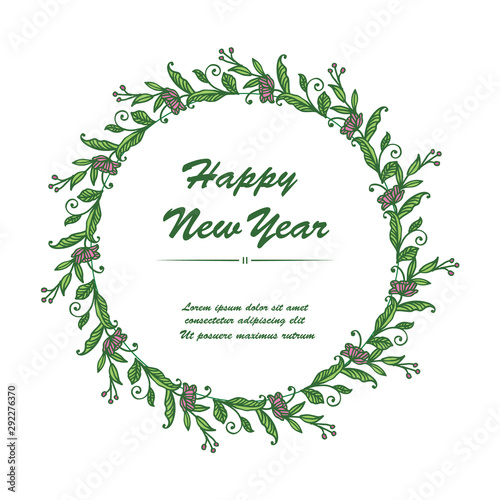 Poster or banner for happy new year, with nature green leaves frame and rose flower. Vector