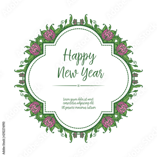 Template design of card or poster happy new year, with graphic green leafy floral frame. Vector