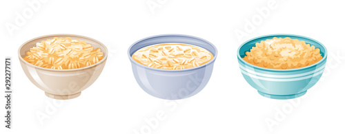 Oats bowl. Oatmeal breakfast cup, oat grain porridge. 3d realistic icon. Cartoon style muesli, flake for healthy sweet breakfast. Cool food design. Vector illustration isolated on white background