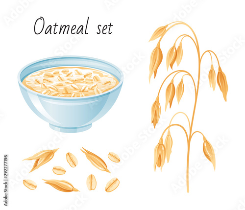 Oat meal set. Bowl, oatmeal ear flake. Breakfast cup with oat grain porridge, muesli, seed. 3d realistic icon. Cartoon style for healthy food design. Vector illustration isolated on white background