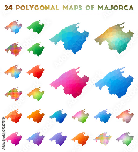 Set of vector polygonal maps of Majorca. Bright gradient map of island in low poly style. Multicolored Majorca map in geometric style for your infographics.