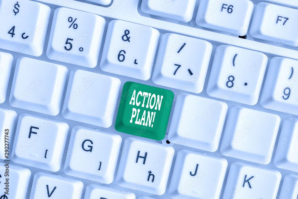 Handwriting text writing Action Plan. Conceptual photo proposed strategy or course of actions for certain time White pc keyboard with empty note paper above white background key copy space Handwriting text writing Action Plan. Conceptual photo proposed strategy or course of actions for certain time White pc keyboard with empty note paper above white background key copy space