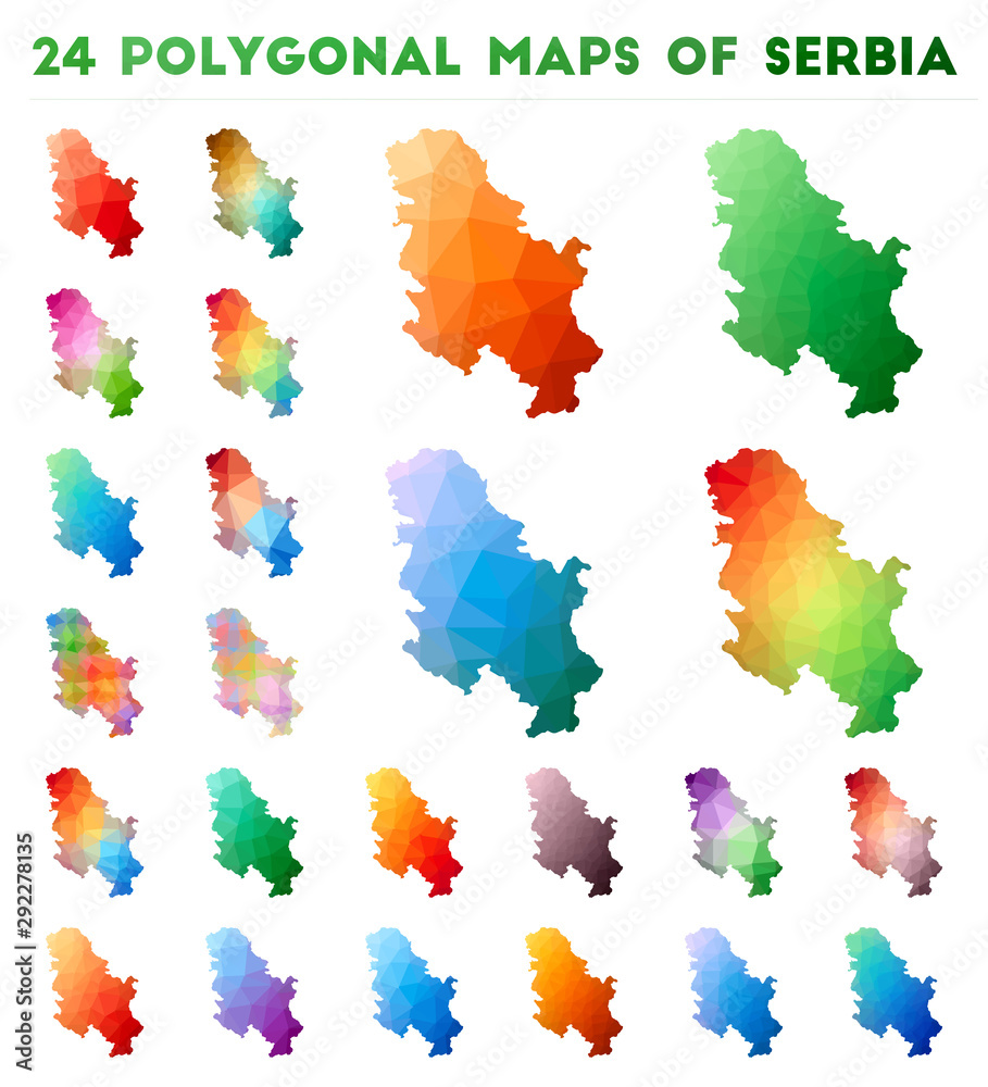 Set of vector polygonal maps of Serbia. Bright gradient map of country in low poly style. Multicolored Serbia map in geometric style for your infographics.