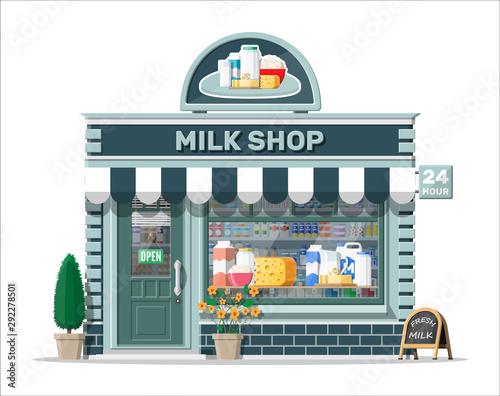 Dairy store or milk shop with signboard, awning. Store facade with storefront. Farmer shop, showcase counter. Milk cheese yogurt butter sour cream cottage cream farm products. Flat vector illustration