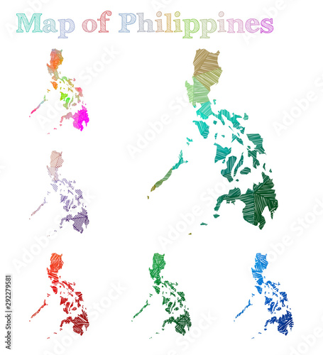 Hand-drawn map of the Philippines. Colorful country shape. Sketchy Philippines maps collection. Vector illustration.
