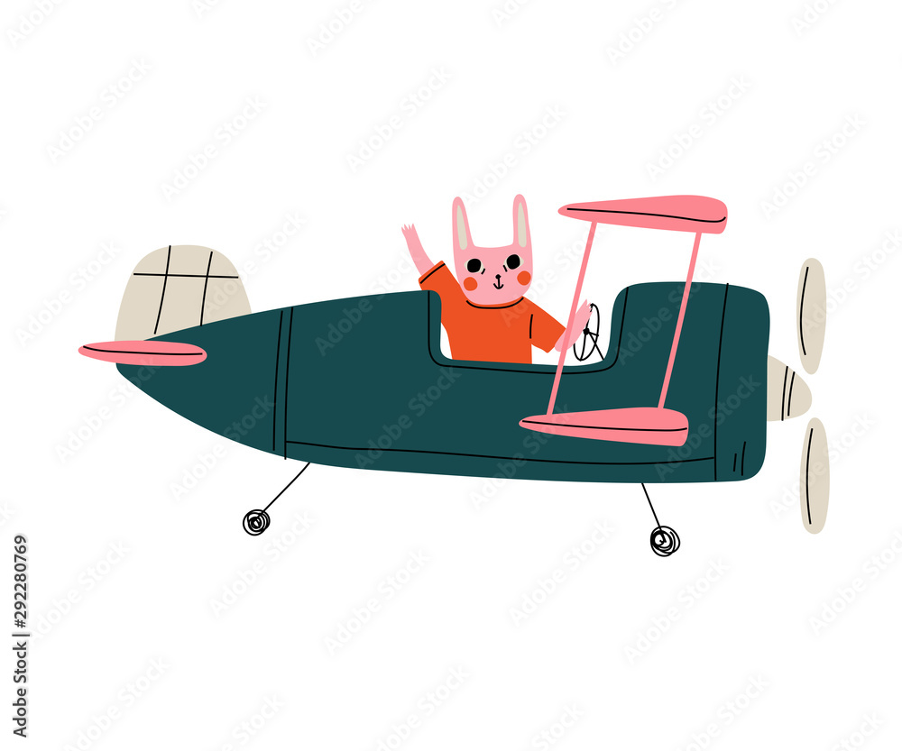 Bunny Pilot Flying on Retro Plane in the Sky, Cute Animal Character Piloting Airplane Vector Illustration Bunny Pilot Flying on Retro Plane in the Sky, Cute Animal Character Piloting Airplane Vector Illustration