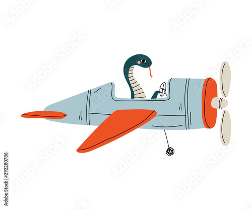 Snake Pilot Flying on Retro Plane in the Sky, Cute Reptile Animal Character Piloting Airplane Vector Illustration