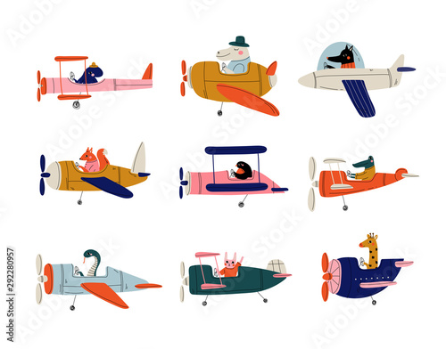Collection of Cute Animals Pilots Flying on Retro Planes in the Sky, Octopus, Bi Fototapeta
