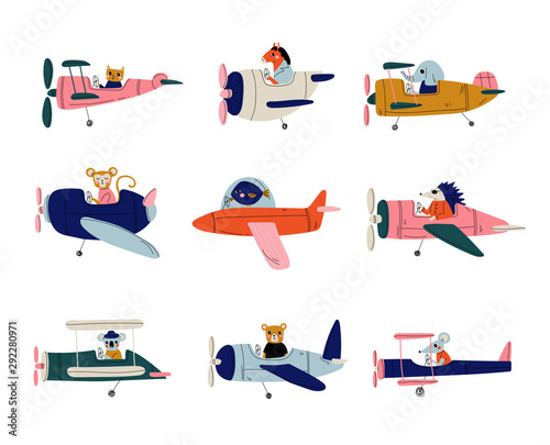 Collection of Cute Animals Pilots Flying on Retro Planes in the Sky, Elephant, Cat, Fish, Horse, Hedgehog, Coala, Mouse, Bear, Humanized Animals Characters Piloting Airplane Vector Illustration