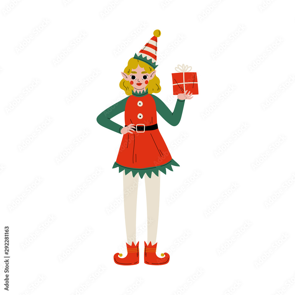 Christmas Elf Character Carrying Gift Box, Cute Girl Santa Claus Helper Vector Illustration
