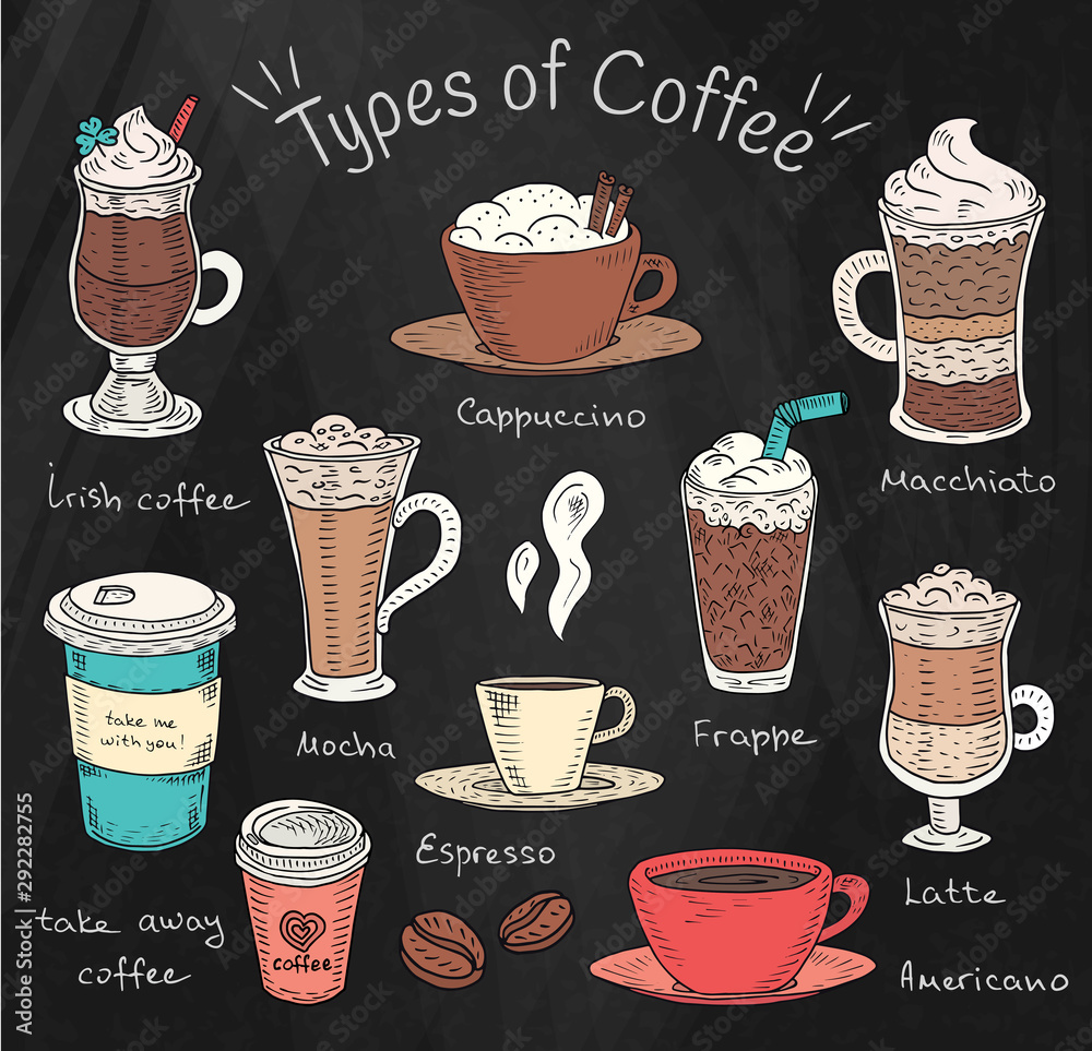 Beautiful illustration of types of coffee. Espresso, cappuccino, americano,  takeaway, latte, mocha, irish coffee, frappe, cold coffee on chalkboard  background Stock Vector | Adobe Stock