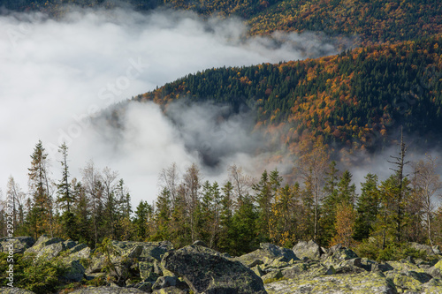 Autumn season in the Ukrainian Carpathian Mountains with beautiful fogs and fantastic views