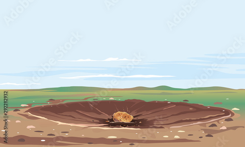 Leinwand Poster Asteroid crater with cracks and stones at the bottom landscape background, large
