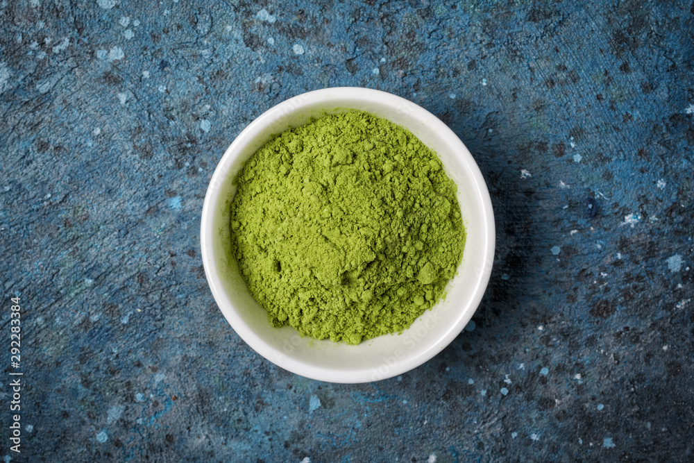 Top view of organic green matcha tea?powder Top view of organic green matcha tea?powder
