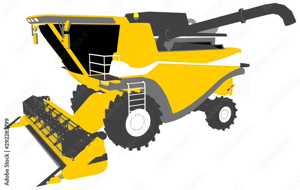 industrial 3D illustration of cartoon colored 3D model of orange rye agricultural combine harvester with harvest pipe on white, clip art for food production industrial 3D illustration of cartoon colored 3D model of orange rye agricultural combine harvester with harvest pipe on white, clip art for food production