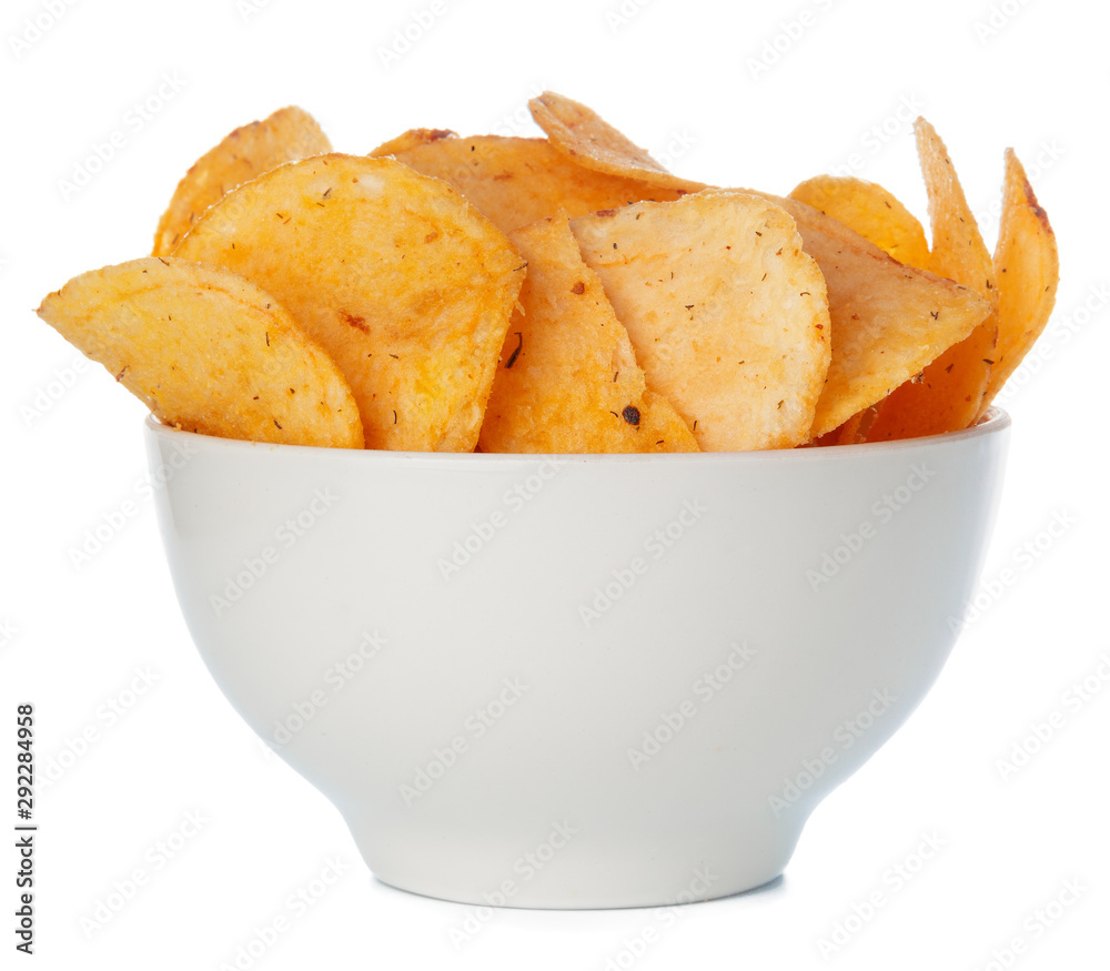 Bowl of potato chips isolated on white Bowl of potato chips isolated on white