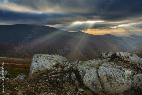 Fantastic evening on the Borzhava mountain range in the Ukrainian Carpathians in the midst of the autumn season