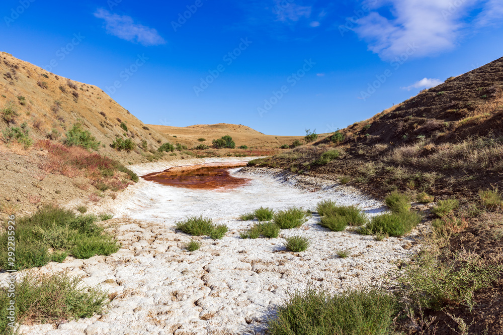 Dried lake covered with salt in the highlands