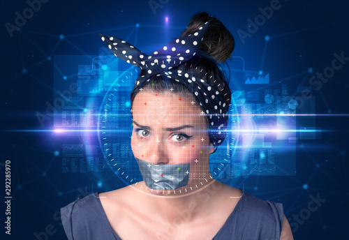 Biometric verification - woman face detection, high technology concept