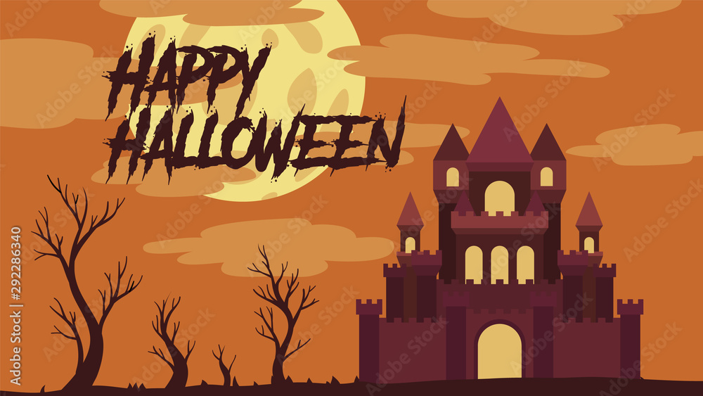 castle landscape vector illustration with trees, clouds and moon for halloween banner also can use for media social feed or story