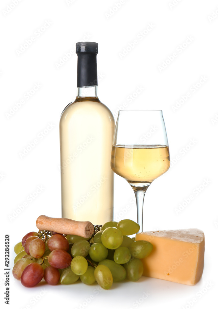 Glass and bottle of wine with cheese on white background