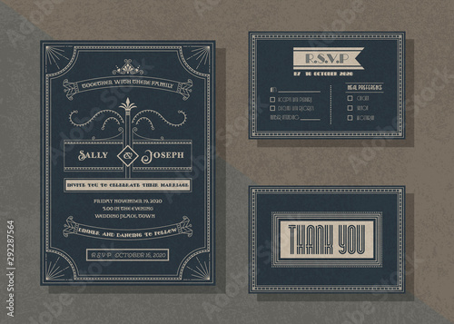 Vintage vector wedding invitation template set .